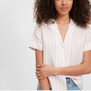 Everlane Linen Short Sleeve Notch Boxy Pink & White Striped Buttondown Shirt Top